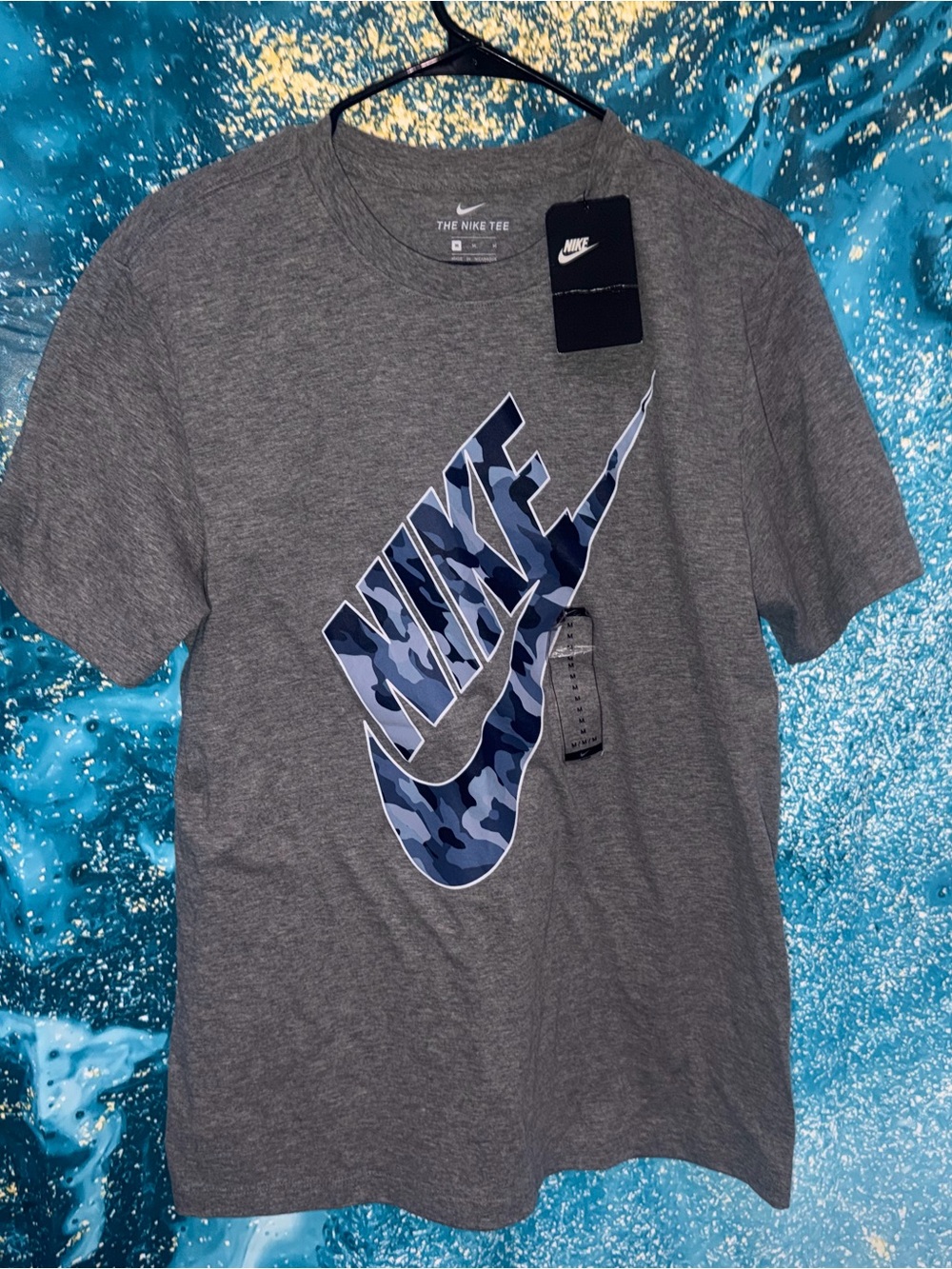 Nike Men's Grey Tee with Blue Camo Swoosh